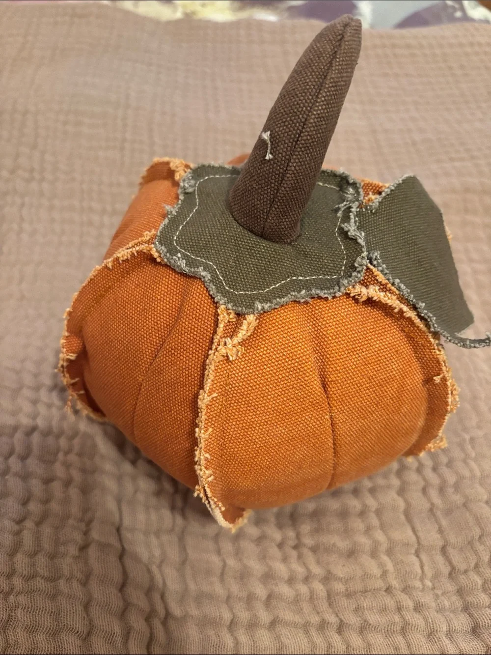 Orange Fabric Pumpkin Accent with Green Leaf and Brown Stem - Home Accents